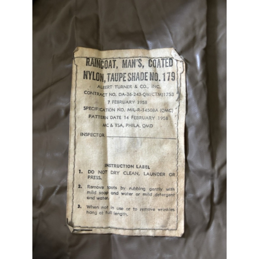 US Army Vintage 50s Korean War Rain Coat Military Trench 36 REG Nylon Taupe Read - Picture 7 of 16